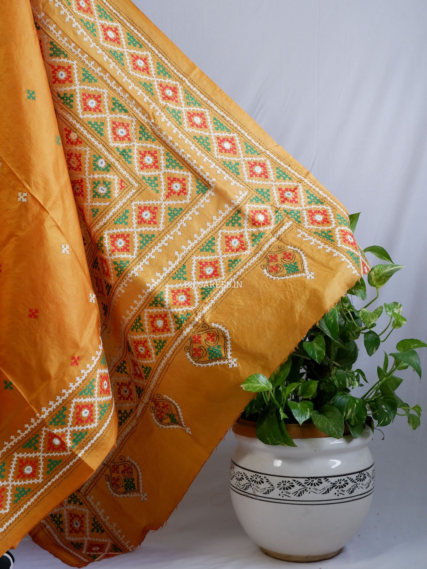 Kutch Hand Embroidered Saree| Pure Bangalore Silk | Mustard Yellow