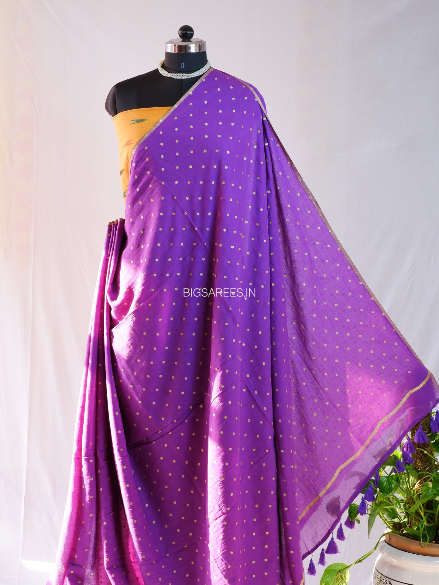 Polka Dot Saree With Blouse | Mul Cotton | Purple
