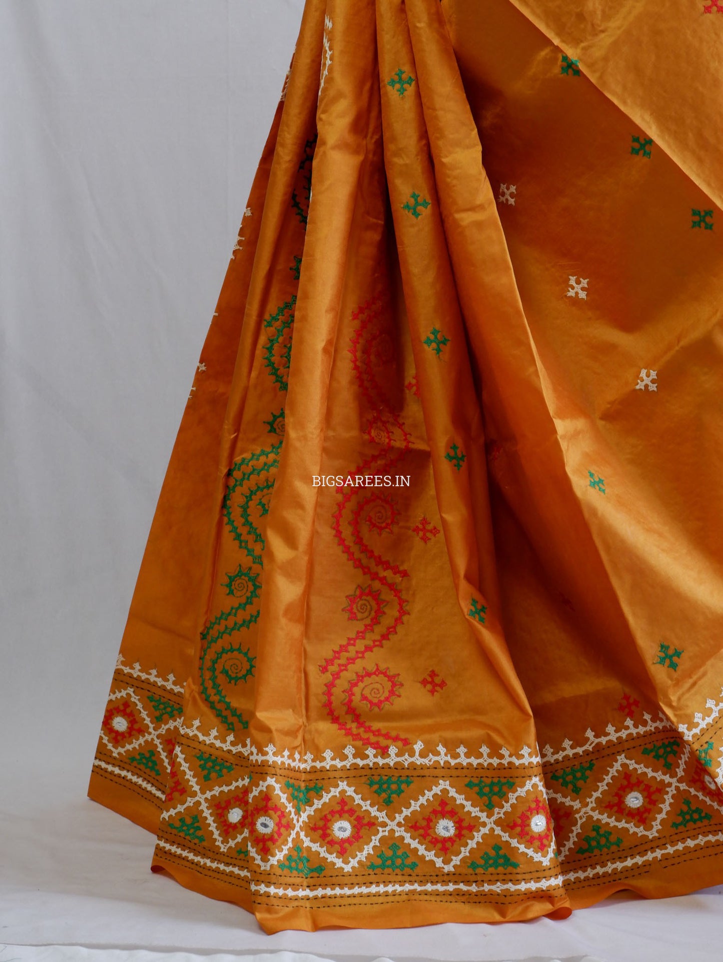 Kutch Hand Embroidered Saree| Pure Bangalore Silk | Mustard Yellow