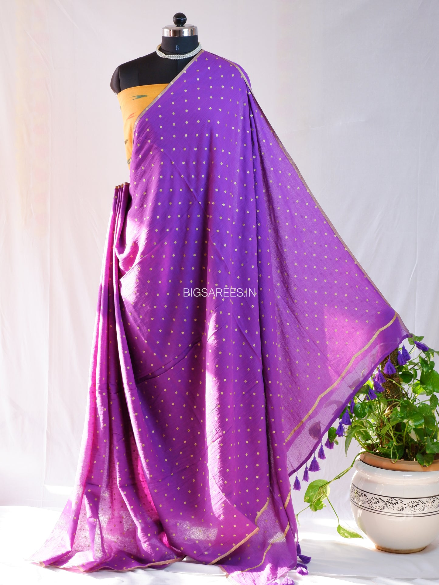 Polka Dot Saree With Blouse | Mul Cotton | Purple