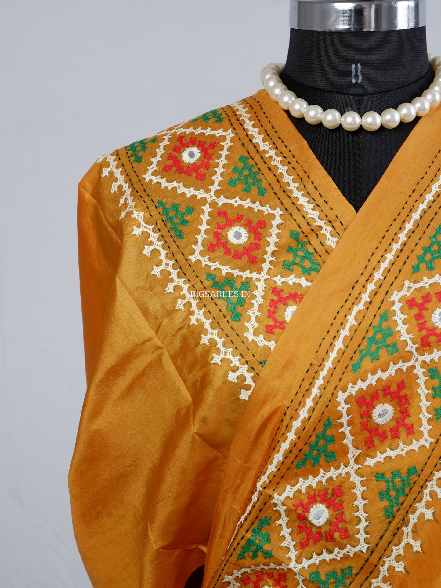 Kutch Hand Embroidered Saree| Pure Bangalore Silk | Mustard Yellow