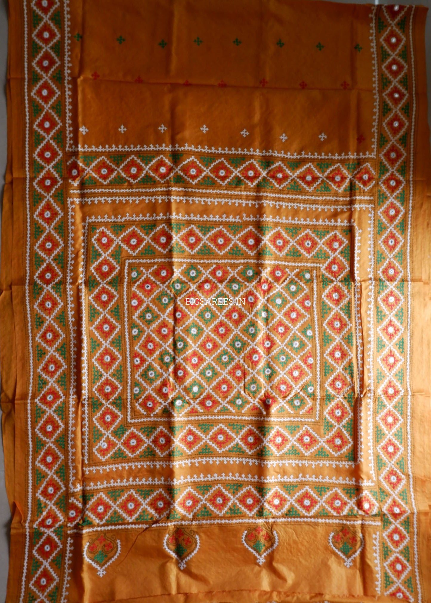 Kutch Hand Embroidered Saree| Pure Bangalore Silk | Mustard Yellow