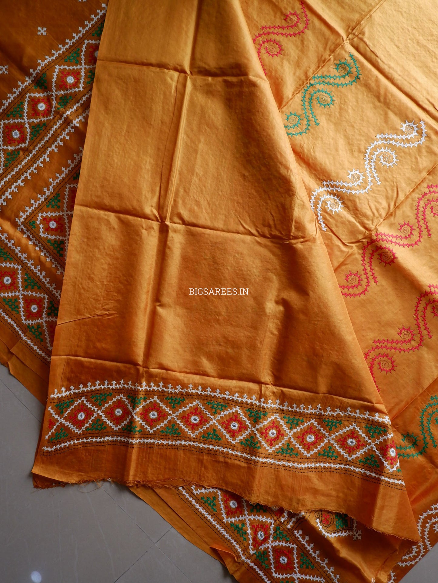 Kutch Hand Embroidered Saree| Pure Bangalore Silk | Mustard Yellow