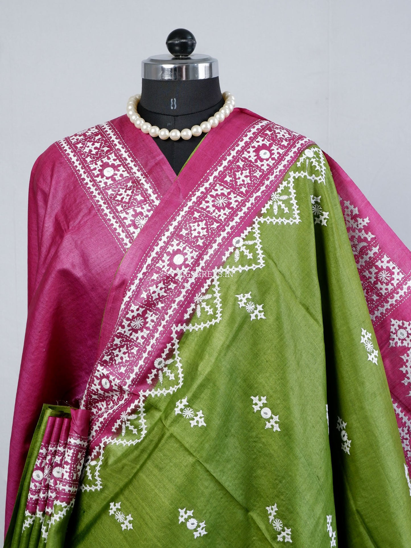 Kutchi Hand Embroidered Saree | Tassar Silk | Silk Marked | Green/Pink