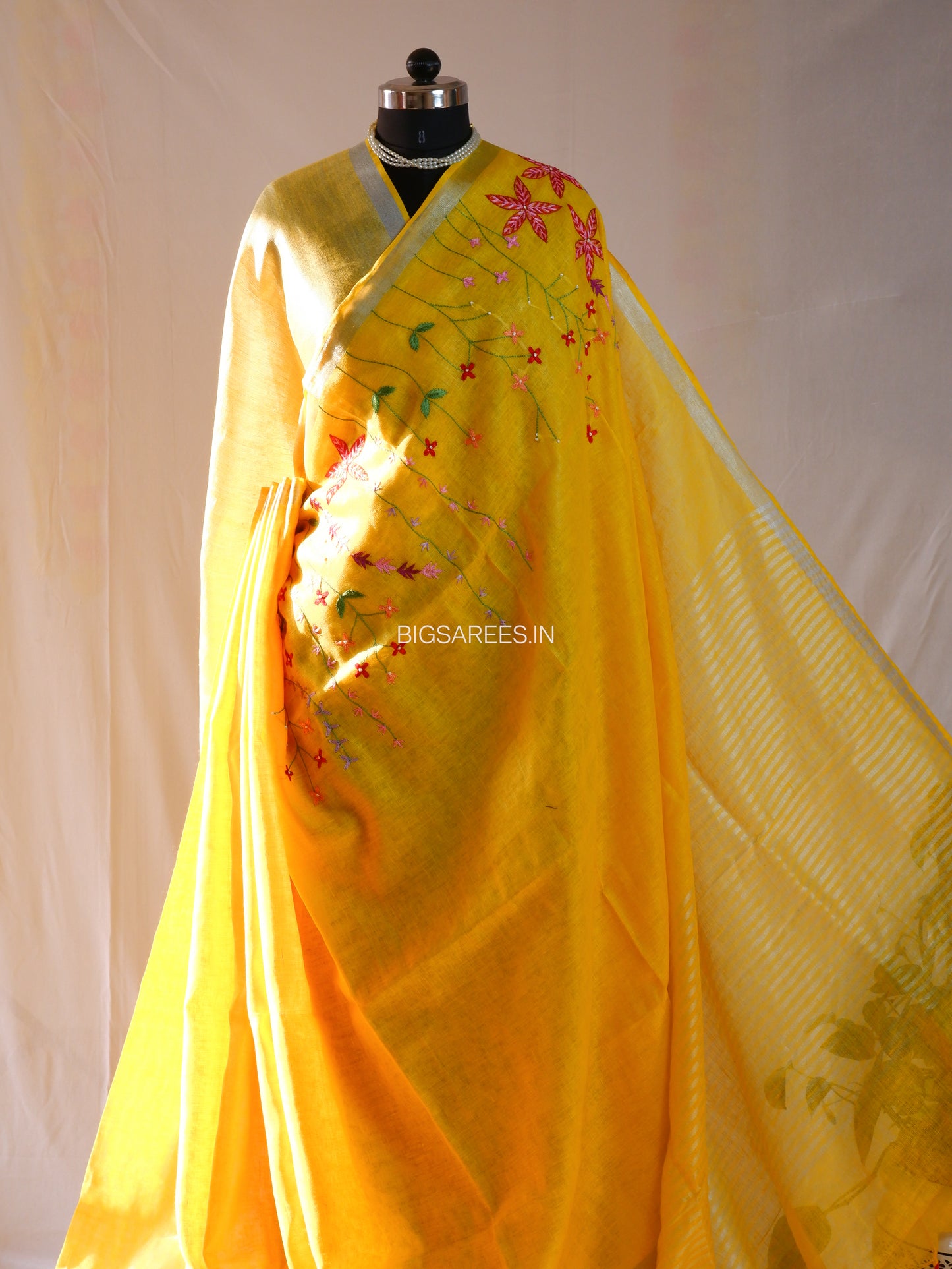 Hand-Embroidered Linen Saree | Linen by Linen | Sun Yellow