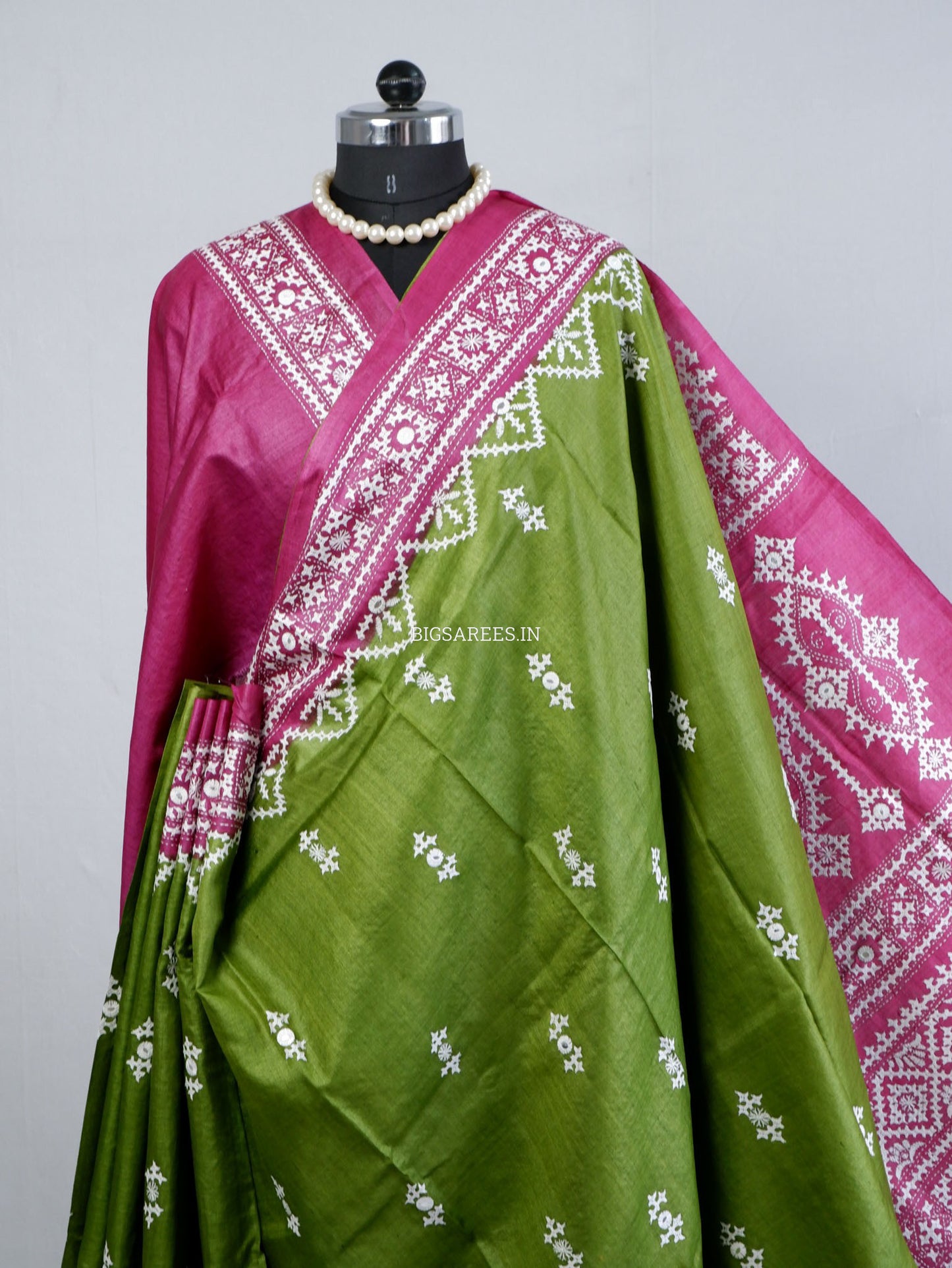 Kutchi Hand Embroidered Saree | Tassar Silk | Silk Marked | Green/Pink