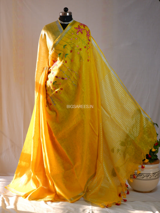 Hand-Embroidered Linen Saree | Linen by Linen | Sun Yellow