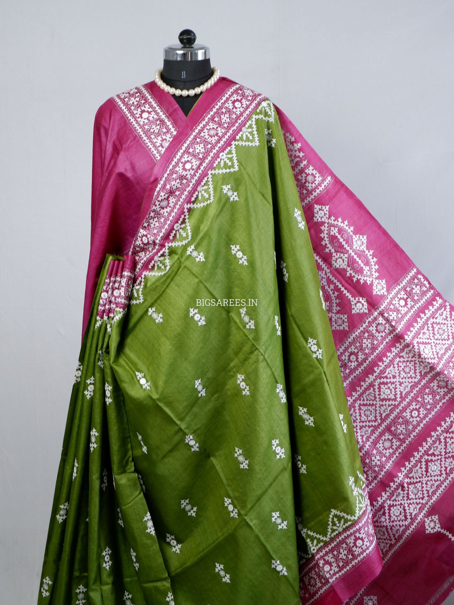Kutchi Hand Embroidered Saree | Tassar Silk | Silk Marked | Green/Pink