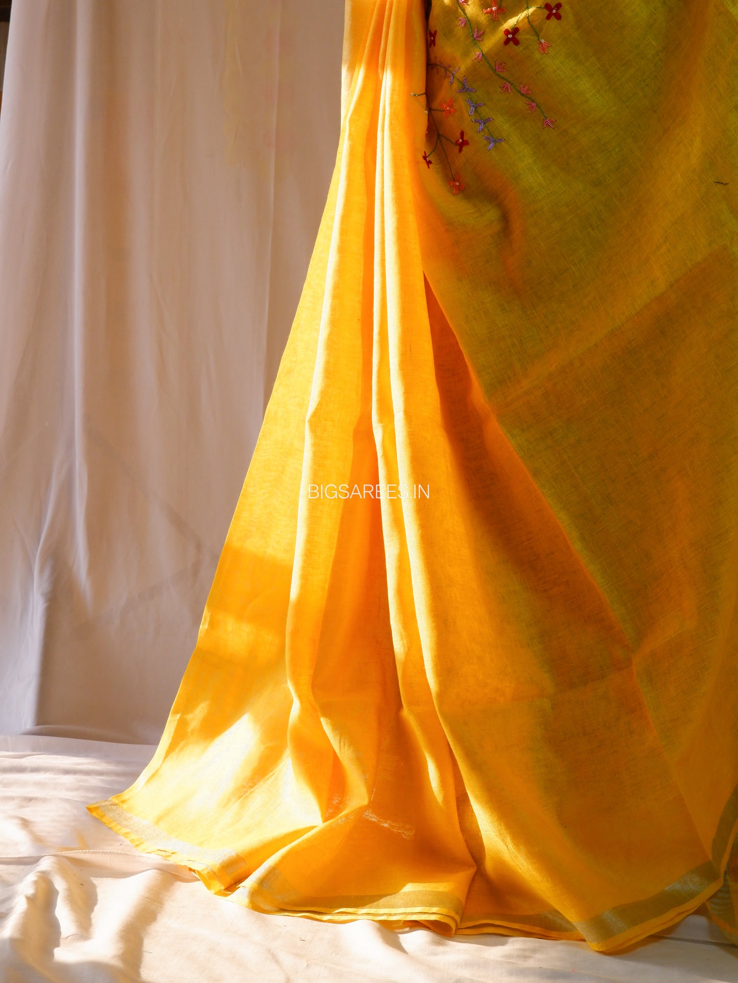 Hand-Embroidered Linen Saree | Linen by Linen | Sun Yellow