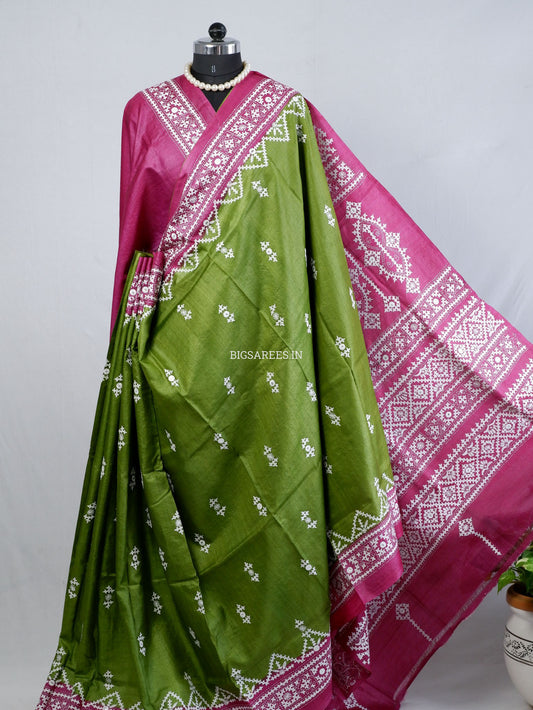 Kutchi Hand Embroidered Saree | Tassar Silk | Silk Marked | Green/Pink
