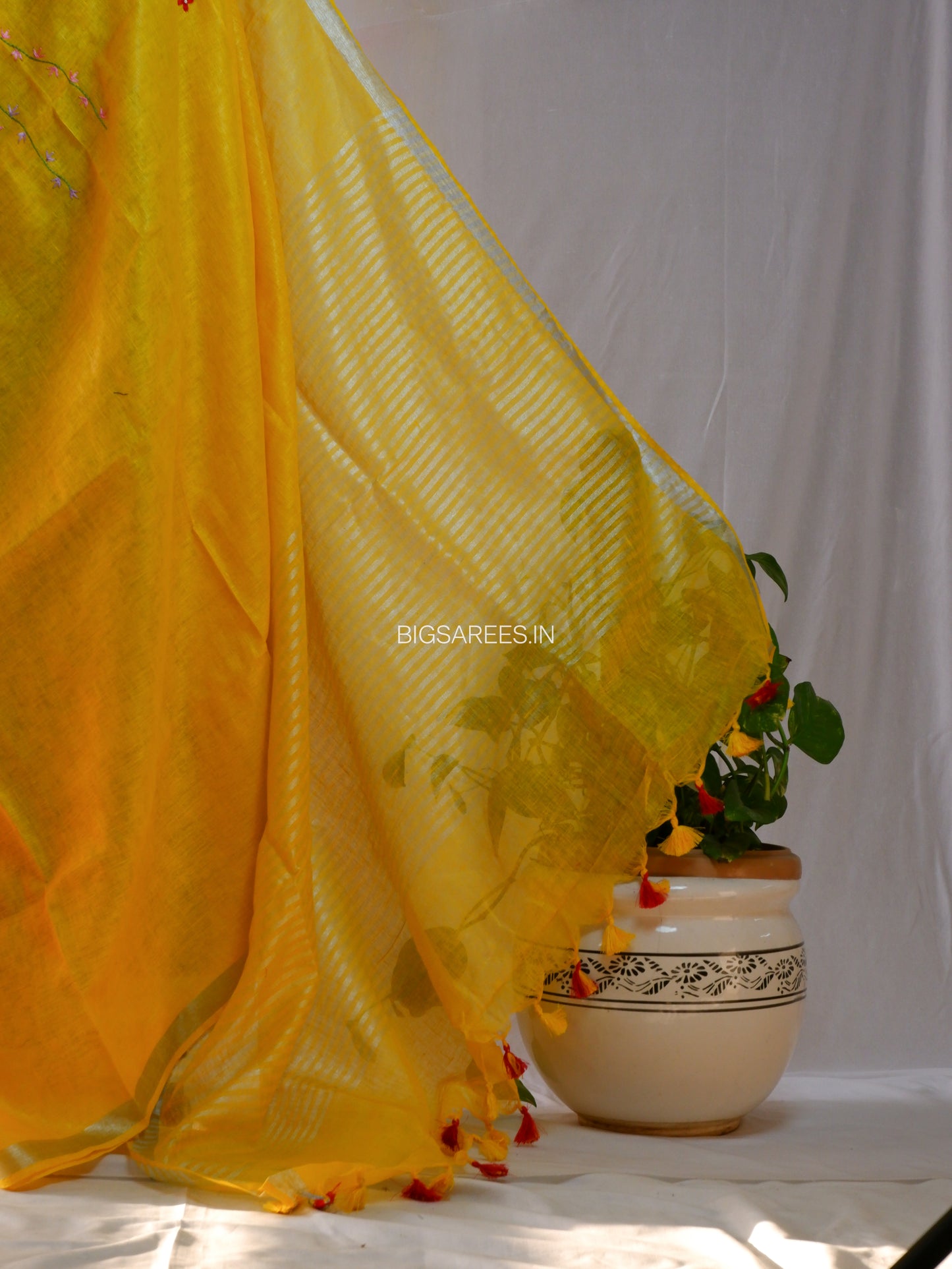 Hand-Embroidered Linen Saree | Linen by Linen | Sun Yellow