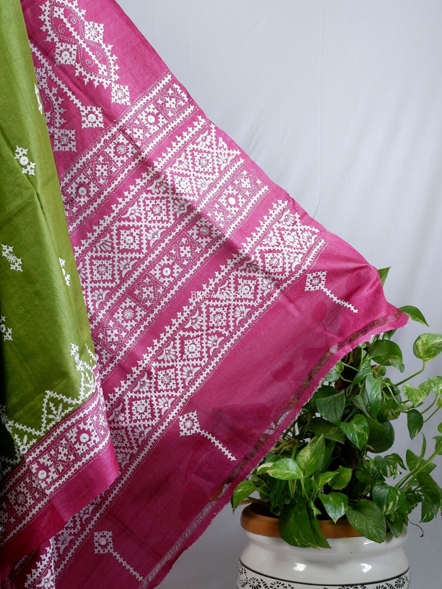 Kutchi Hand Embroidered Saree | Tassar Silk | Silk Marked | Green/Pink