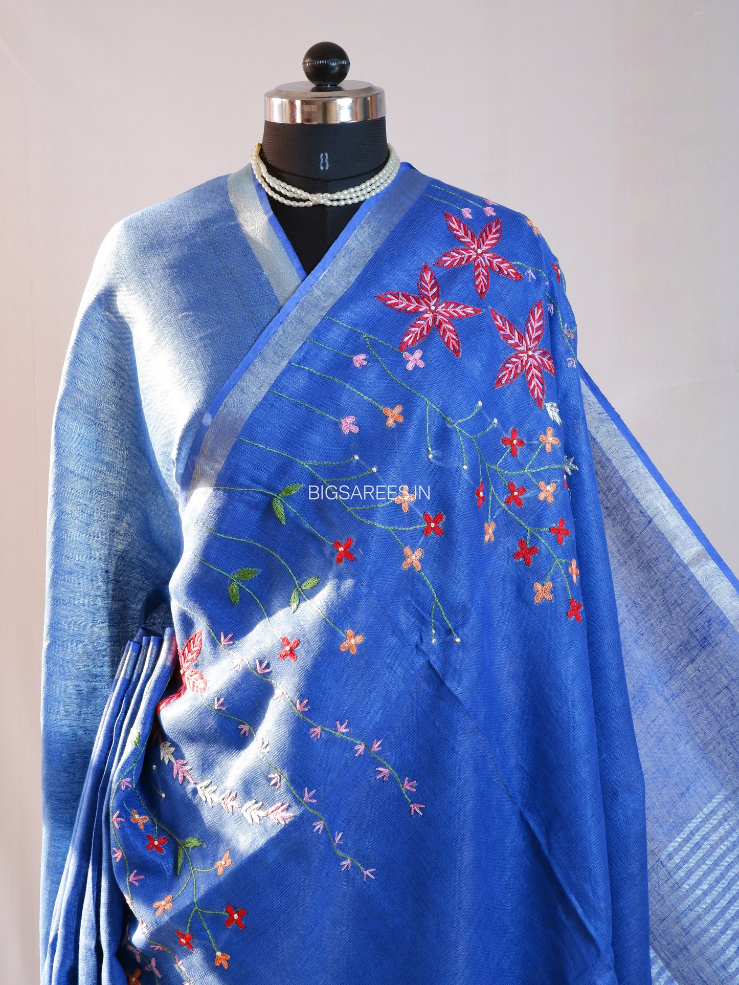 Hand-Embroidered Linen Saree With Blouse | Linen by Linen | Blue