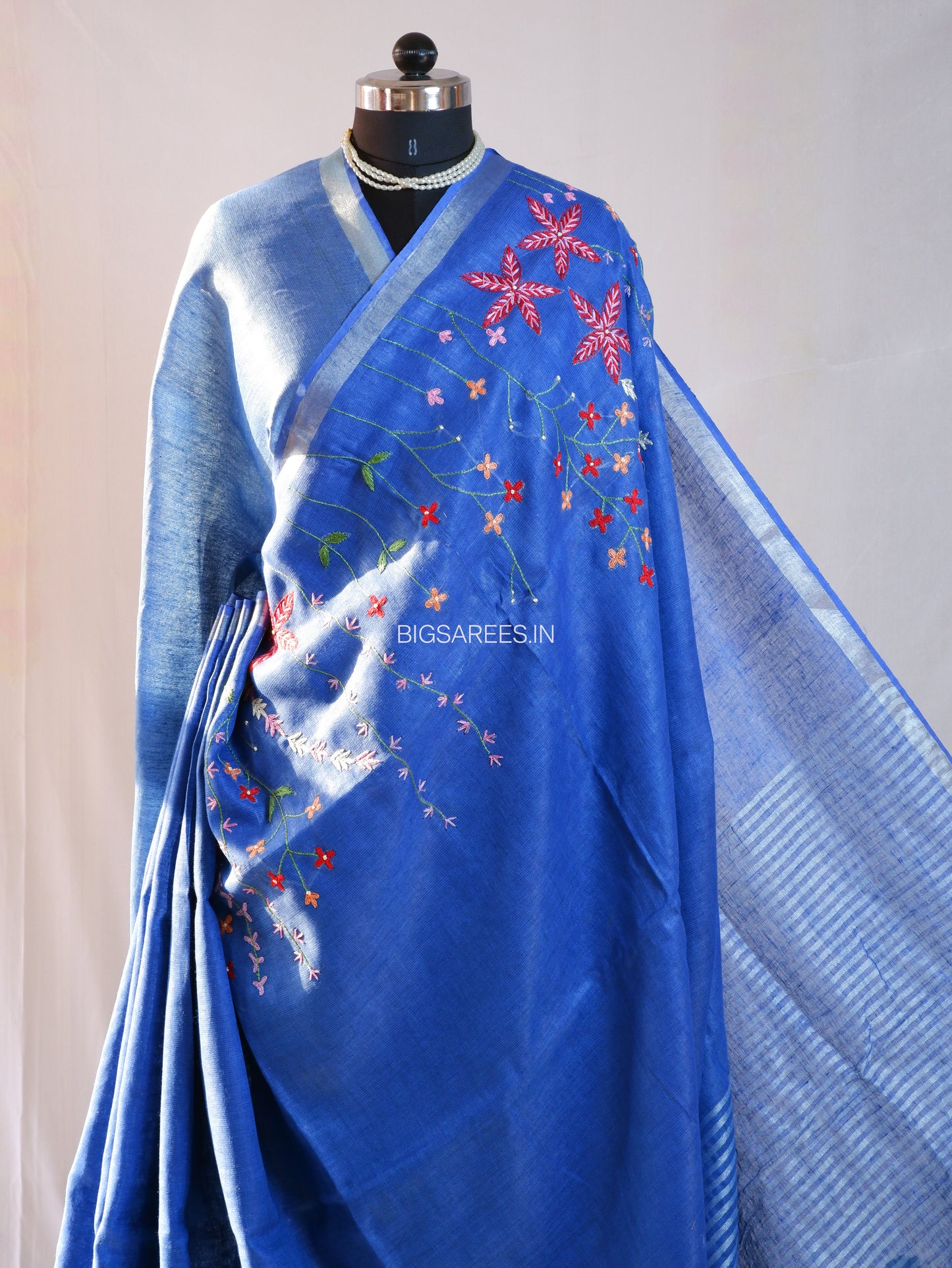 Hand-Embroidered Linen Saree With Blouse | Linen by Linen | Blue