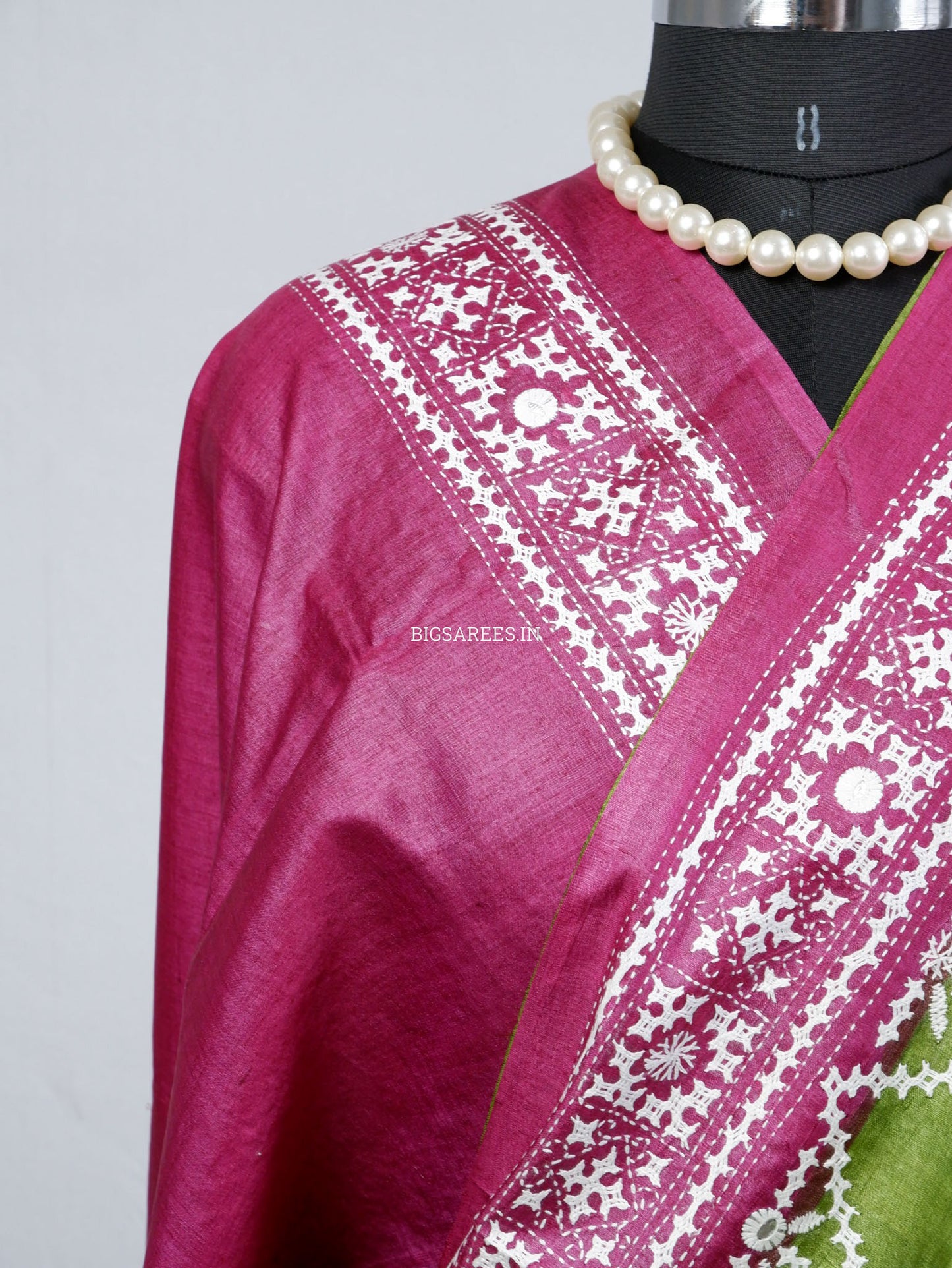 Kutchi Hand Embroidered Saree | Tassar Silk | Silk Marked | Green/Pink