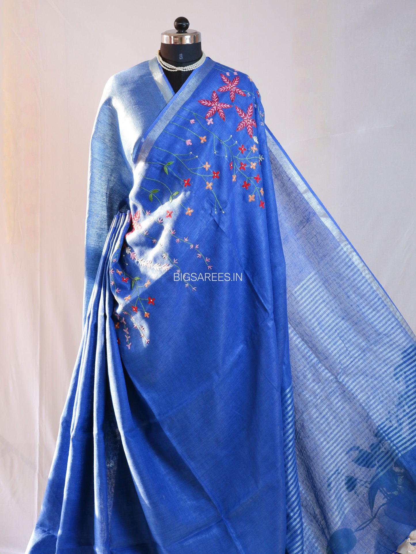 Hand-Embroidered Linen Saree With Blouse | Linen by Linen | Blue