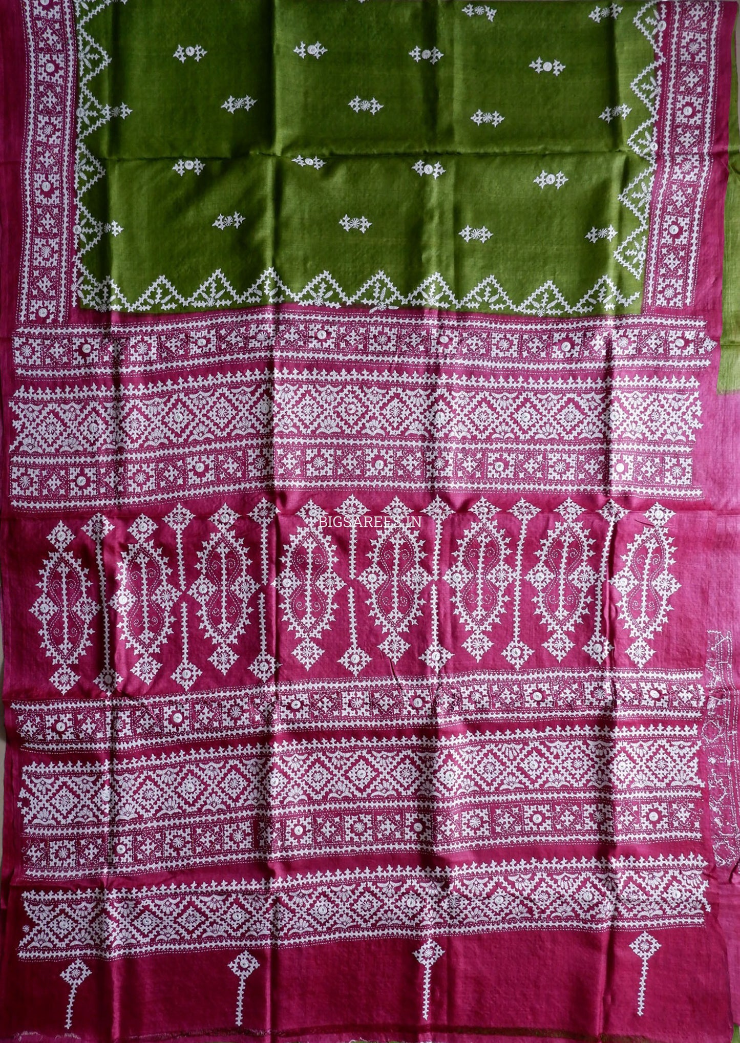 Kutchi Hand Embroidered Saree | Tassar Silk | Silk Marked | Green/Pink