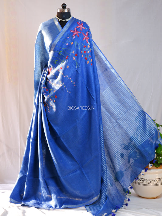Hand-Embroidered Linen Saree With Blouse | Linen by Linen | Blue