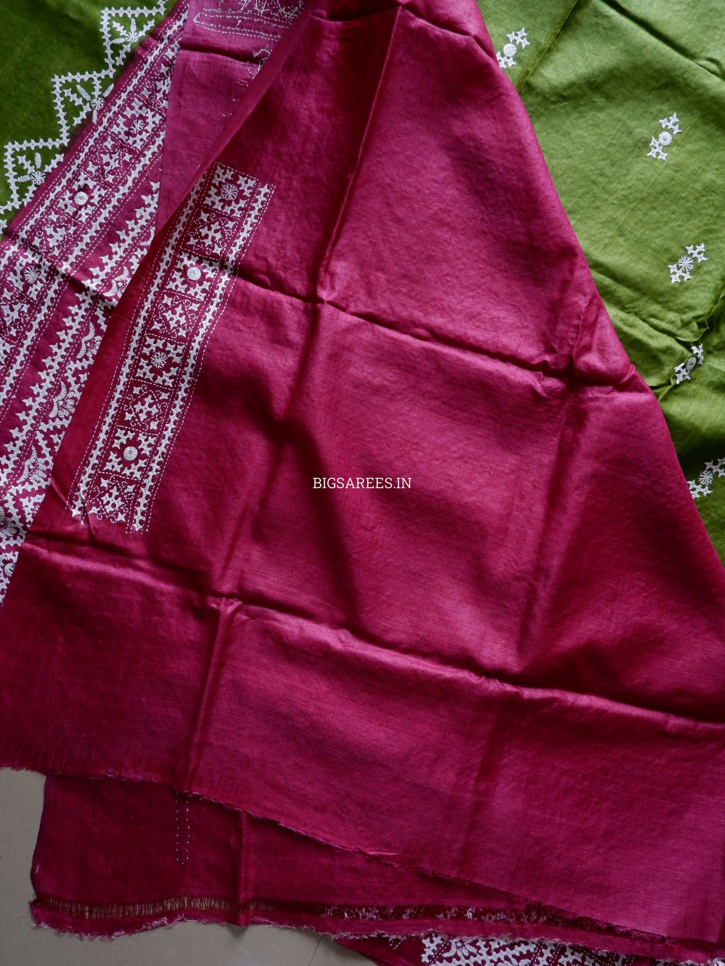 Kutchi Hand Embroidered Saree | Tassar Silk | Silk Marked | Green/Pink