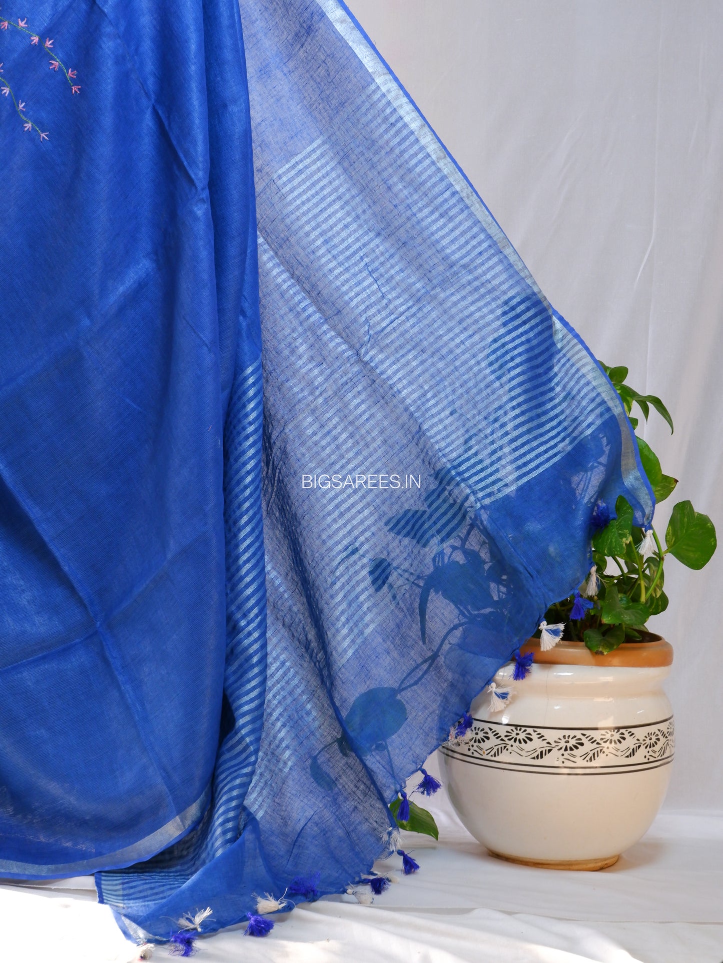 Hand-Embroidered Linen Saree With Blouse | Linen by Linen | Blue