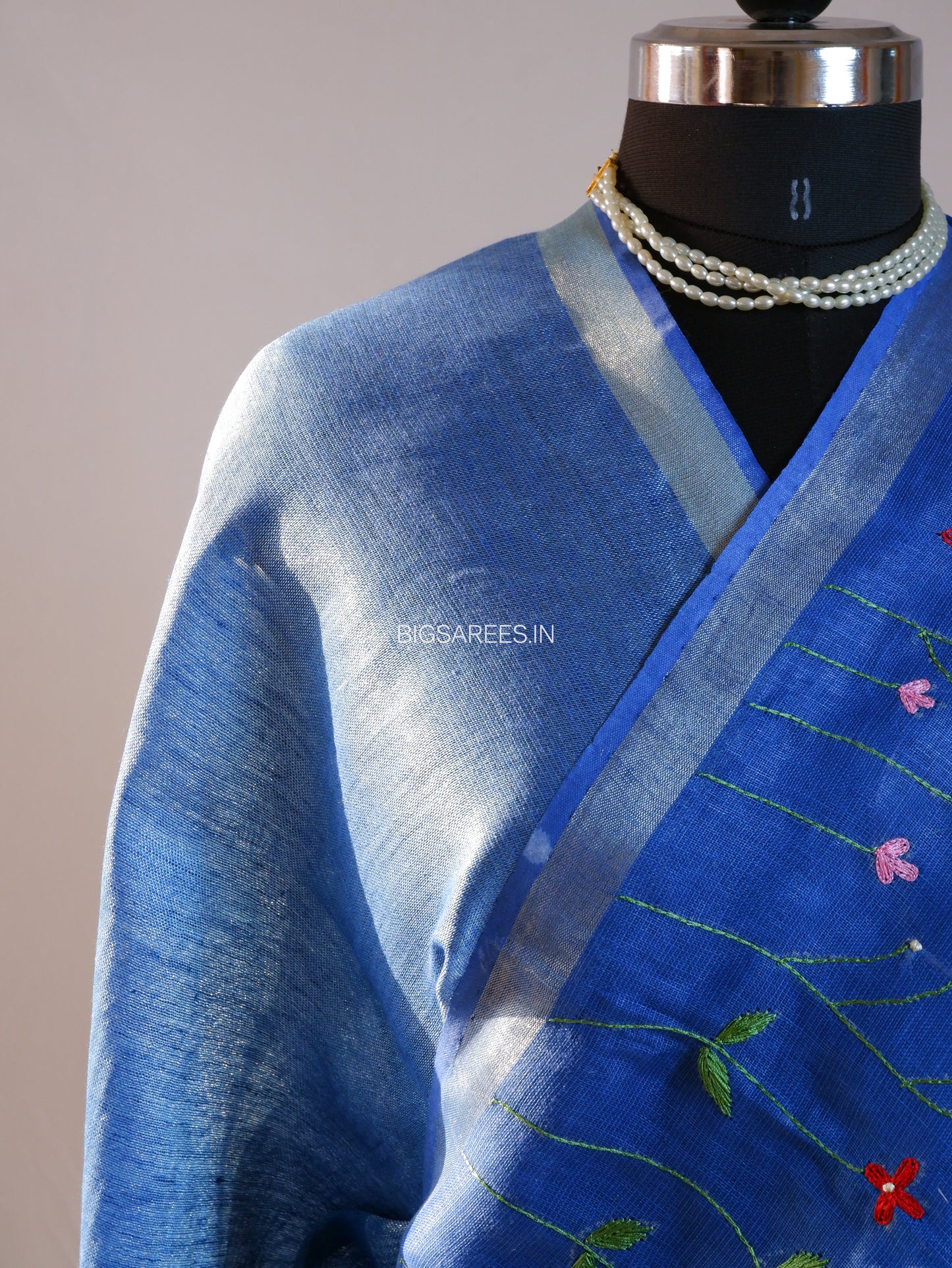 Hand-Embroidered Linen Saree With Blouse | Linen by Linen | Blue