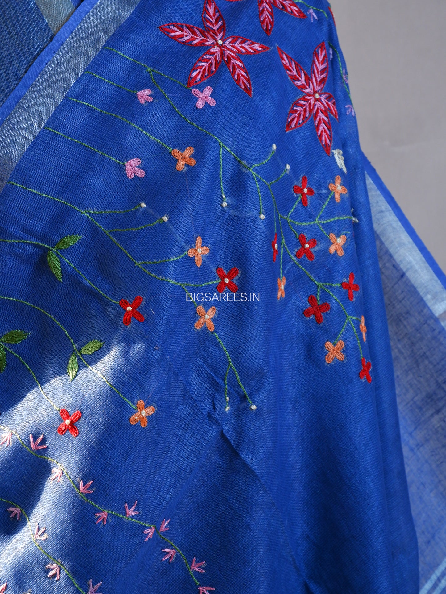 Hand-Embroidered Linen Saree With Blouse | Linen by Linen | Blue