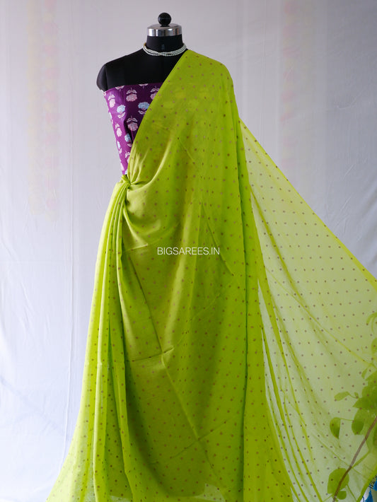 Polka Dot Saree With Blouse | Mul Cotton | Neon Green
