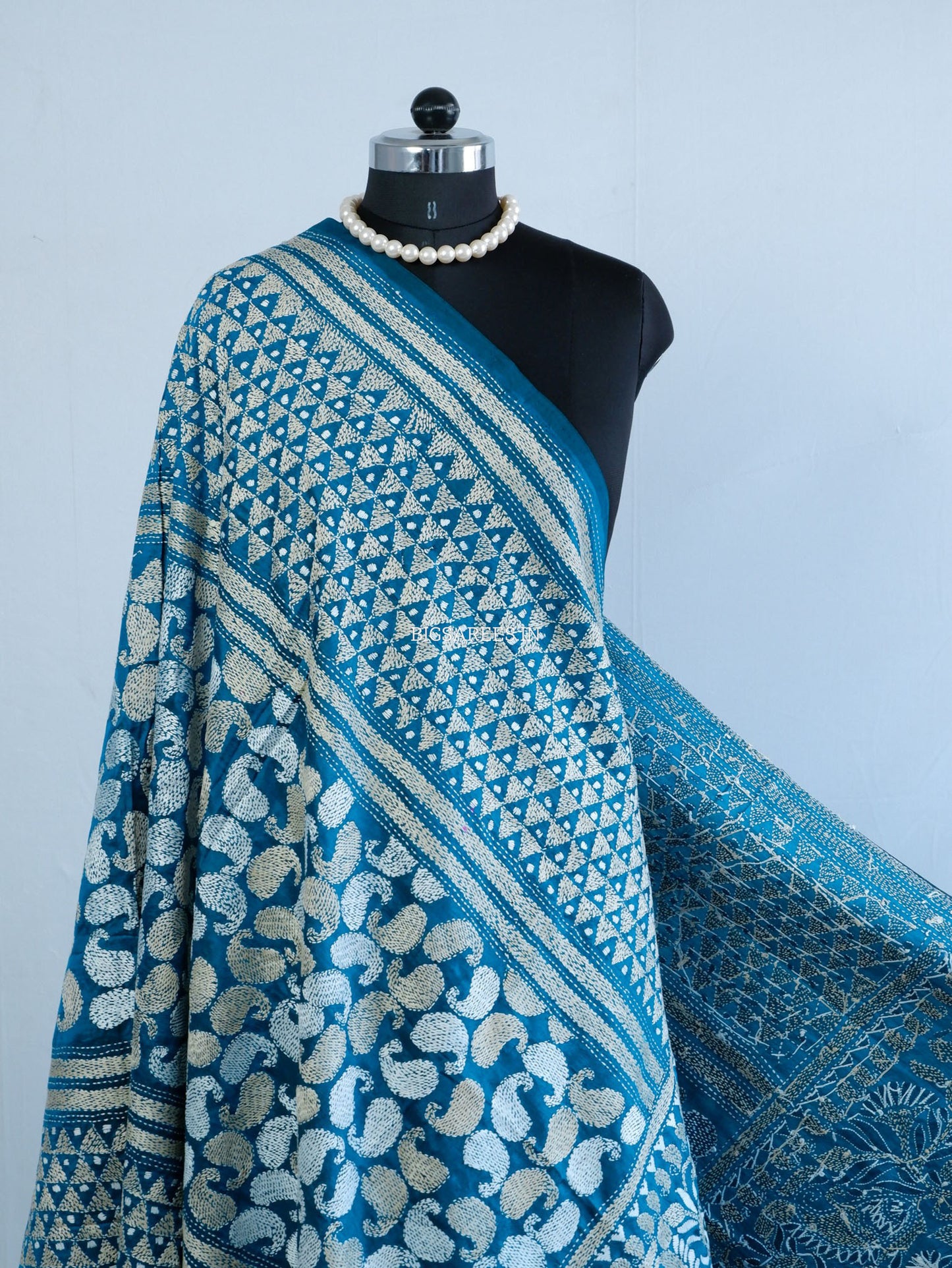 Kantha Hand-Embroidered Dupatta | Pure Bangalore Silk | Rama Green