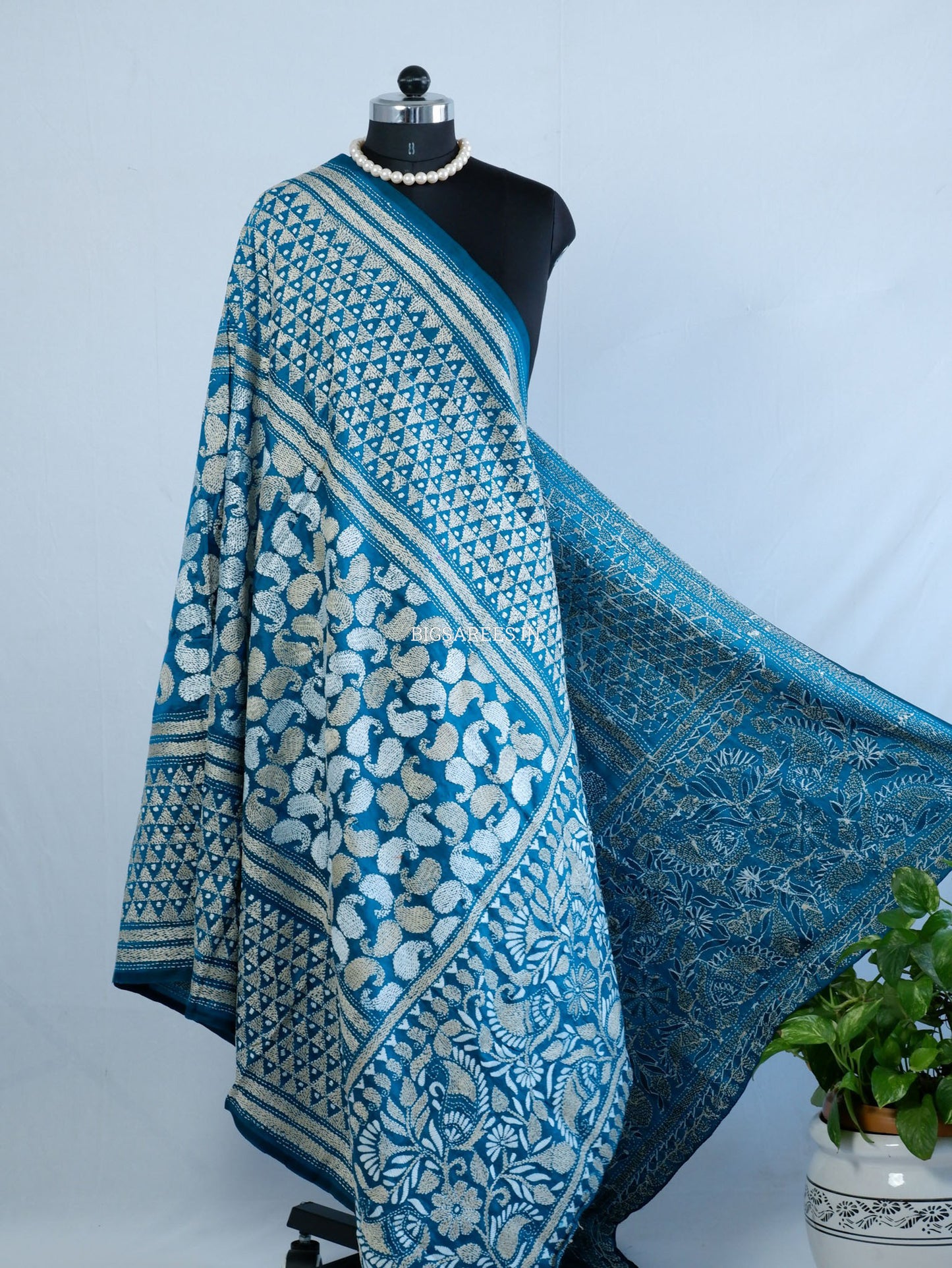 Kantha Hand-Embroidered Dupatta | Pure Bangalore Silk | Rama Green