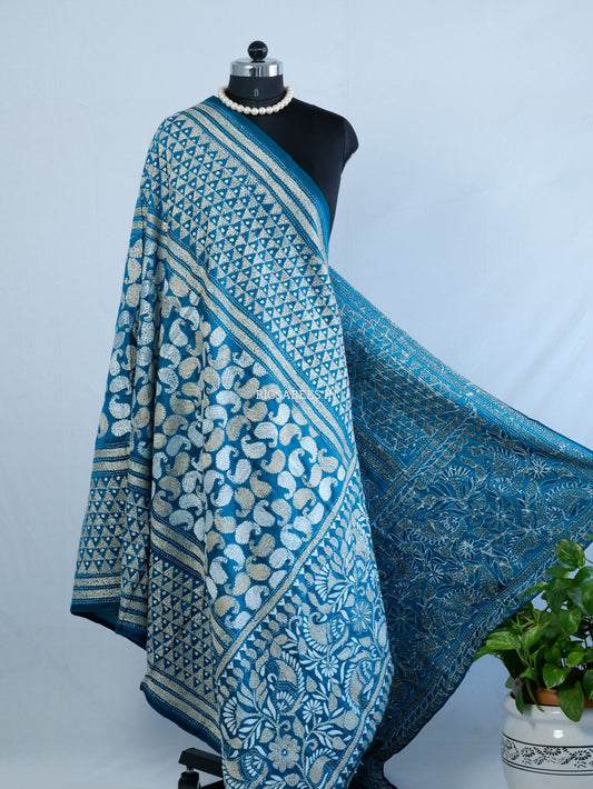 Kantha Hand-Embroidered Dupatta | Pure Bangalore Silk | Rama Green