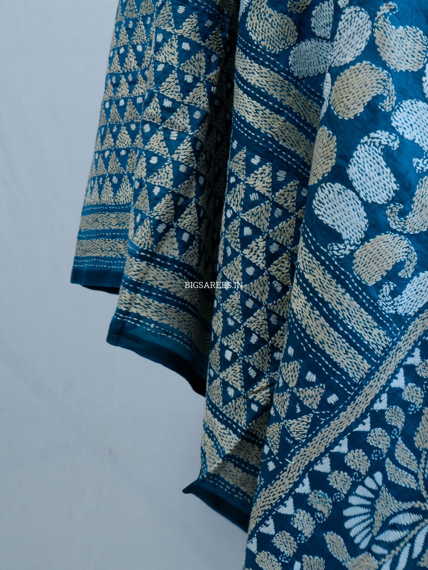 Kantha Hand-Embroidered Dupatta | Pure Bangalore Silk | Rama Green