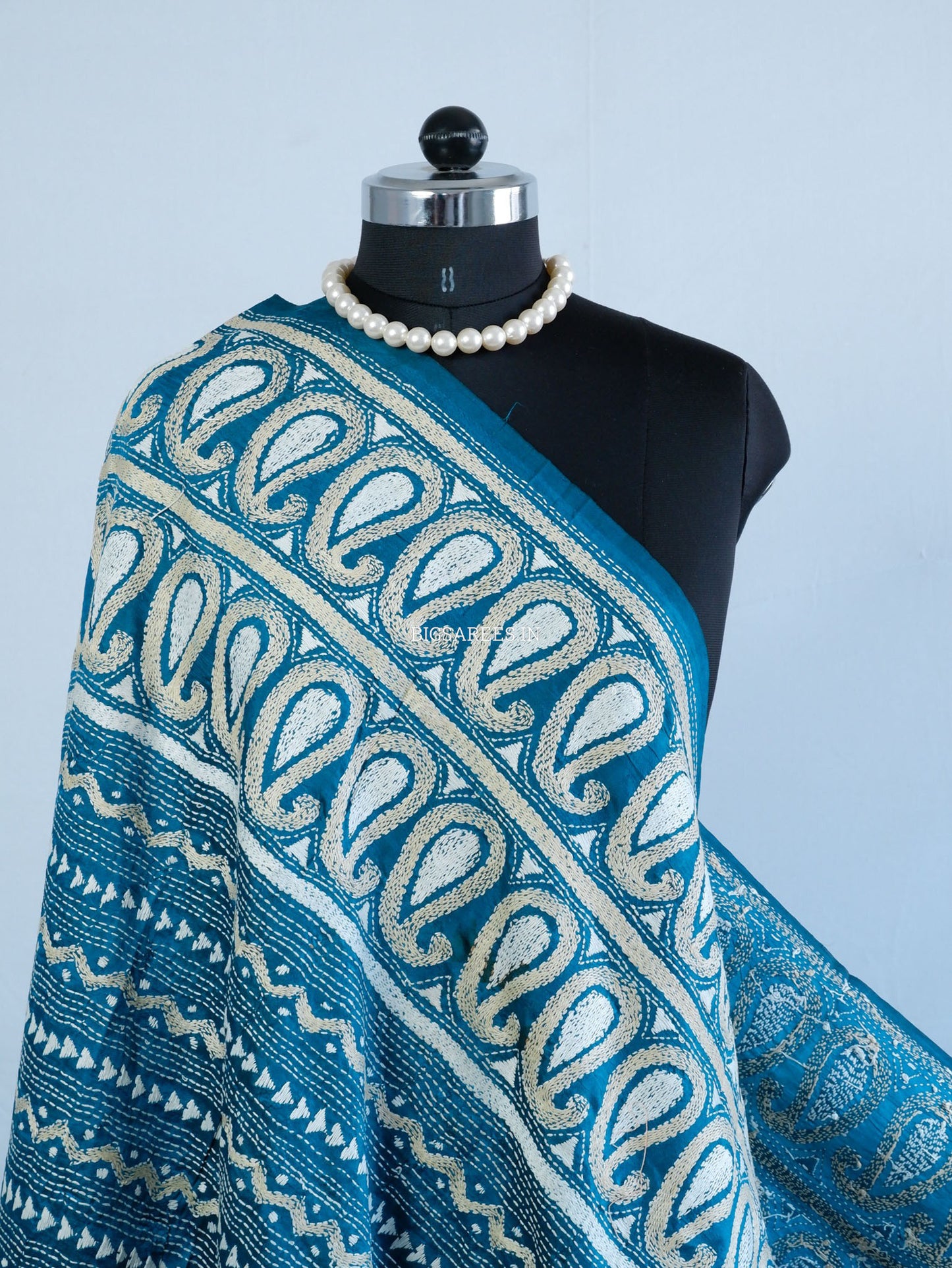 Kantha Hand-Embroidered Dupatta | Pure Bangalore Silk | Rama Green