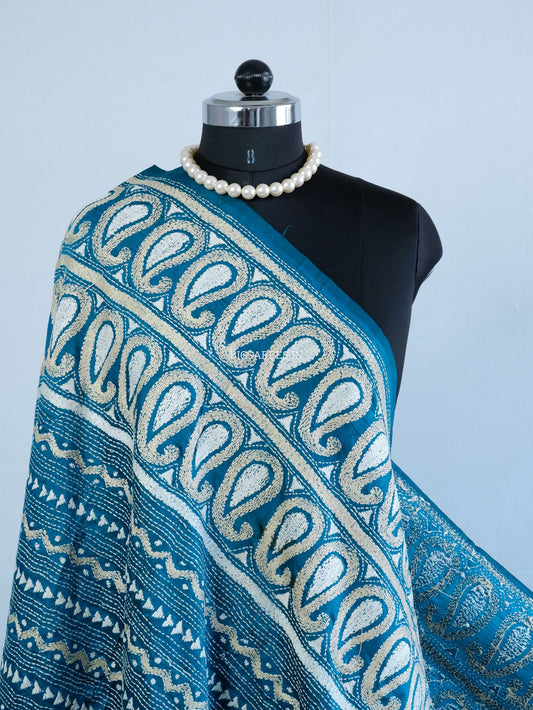 Kantha Hand-Embroidered Dupatta | Pure Bangalore Silk | Rama Green
