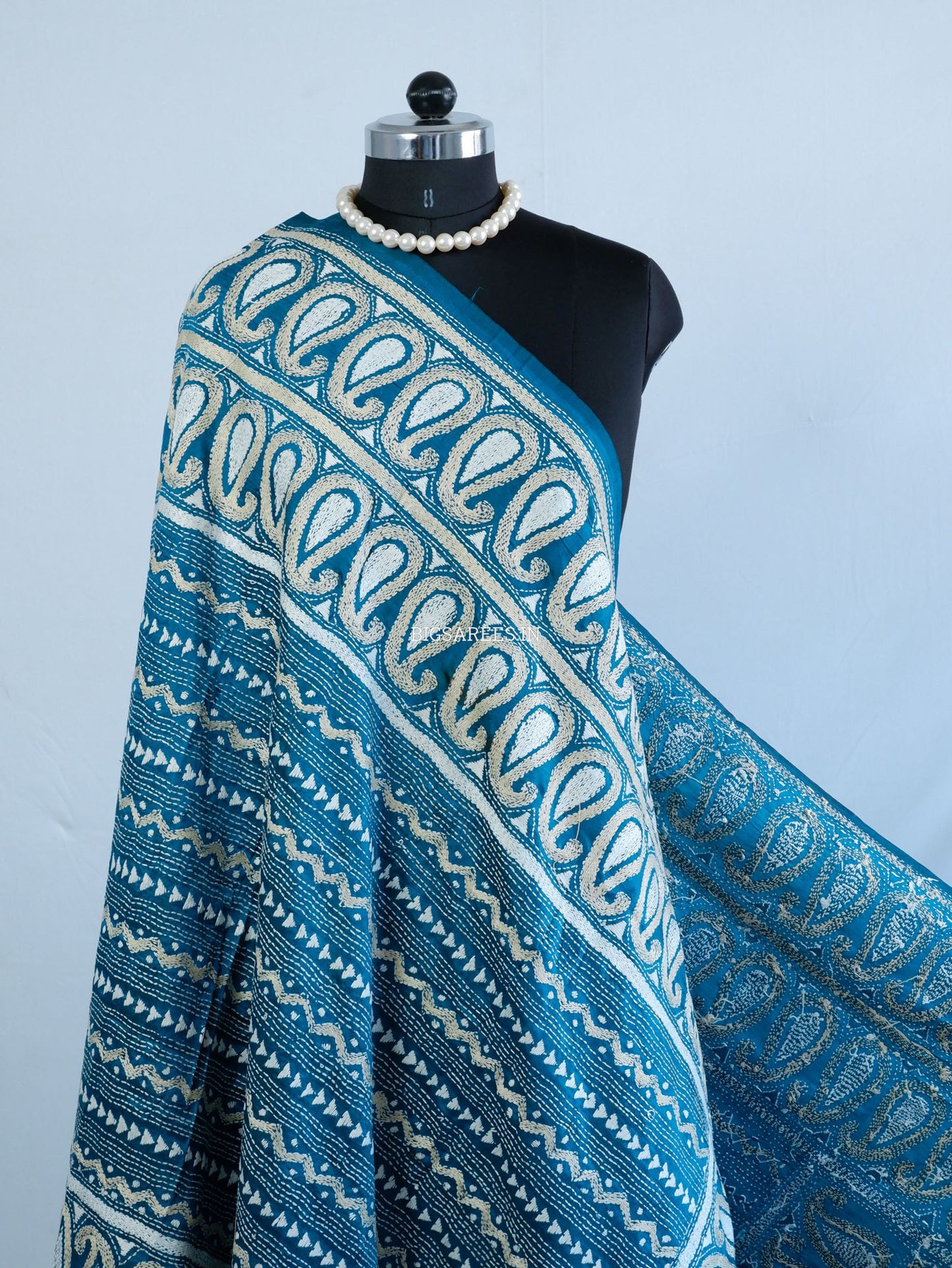 Kantha Hand-Embroidered Dupatta | Pure Bangalore Silk | Rama Green