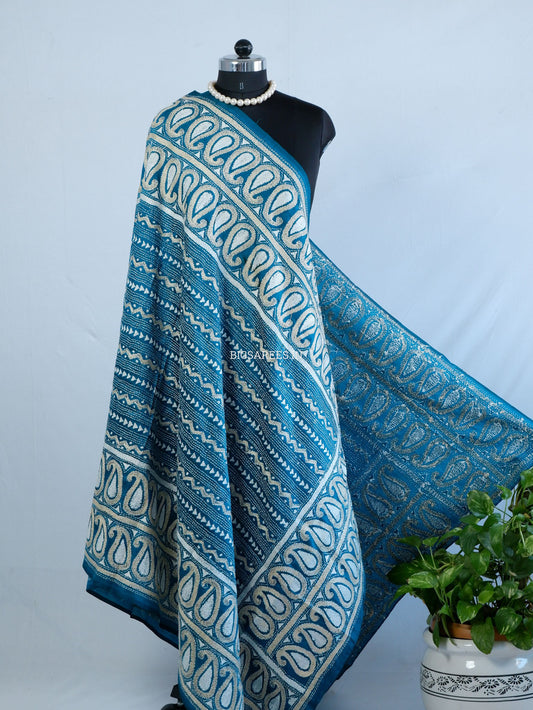 Kantha Hand-Embroidered Dupatta | Pure Bangalore Silk | Rama Green