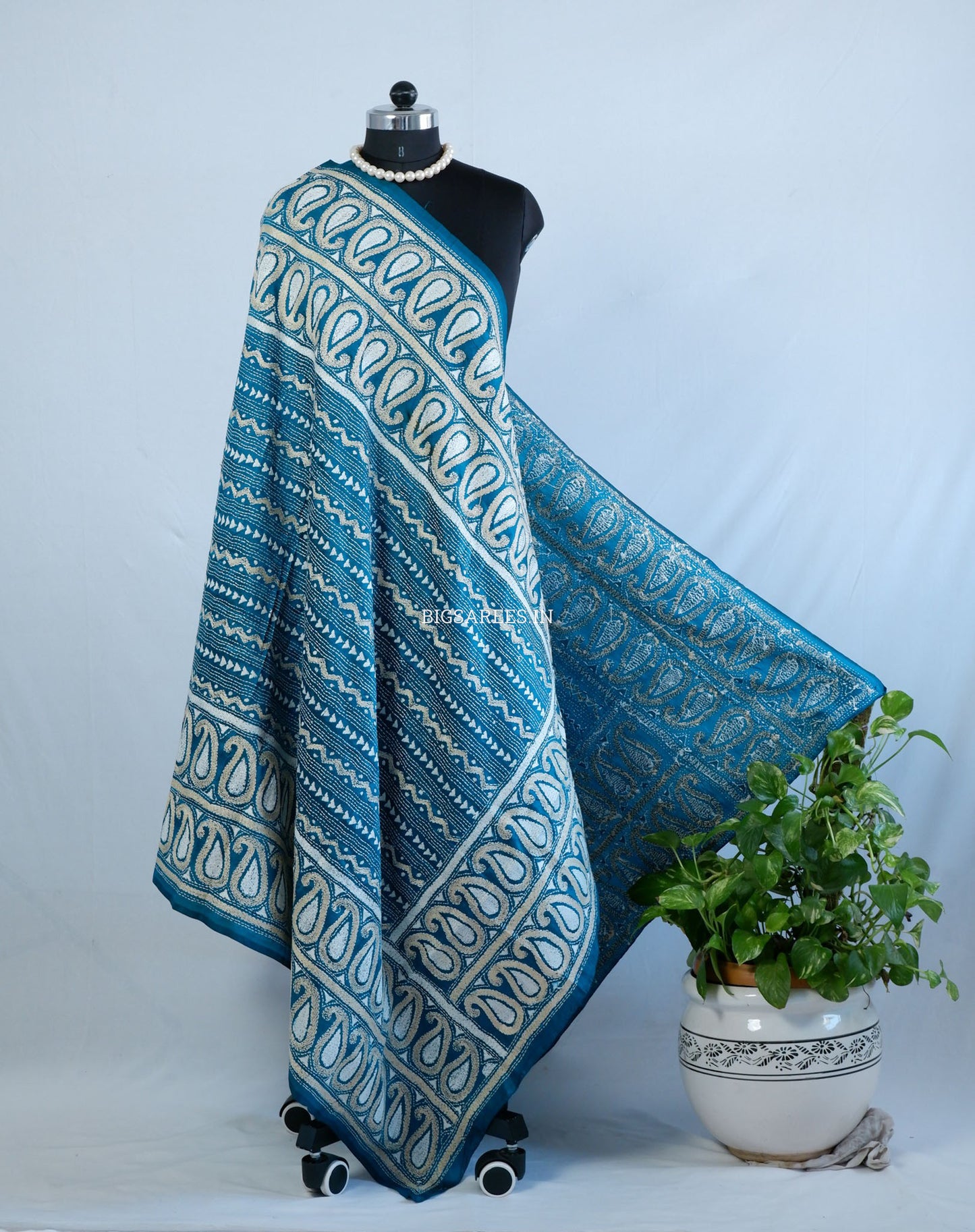 Kantha Hand-Embroidered Dupatta | Pure Bangalore Silk | Rama Green