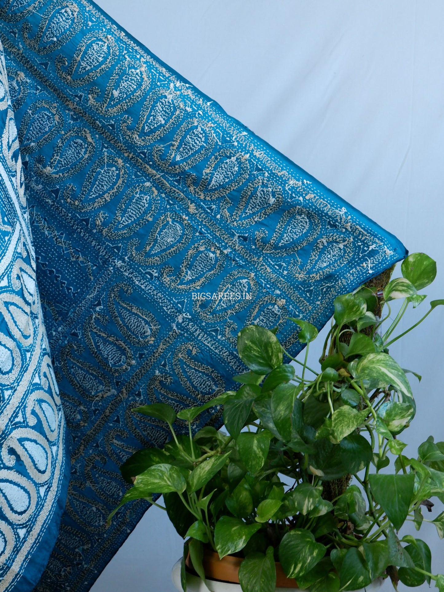Kantha Hand-Embroidered Dupatta | Pure Bangalore Silk | Rama Green