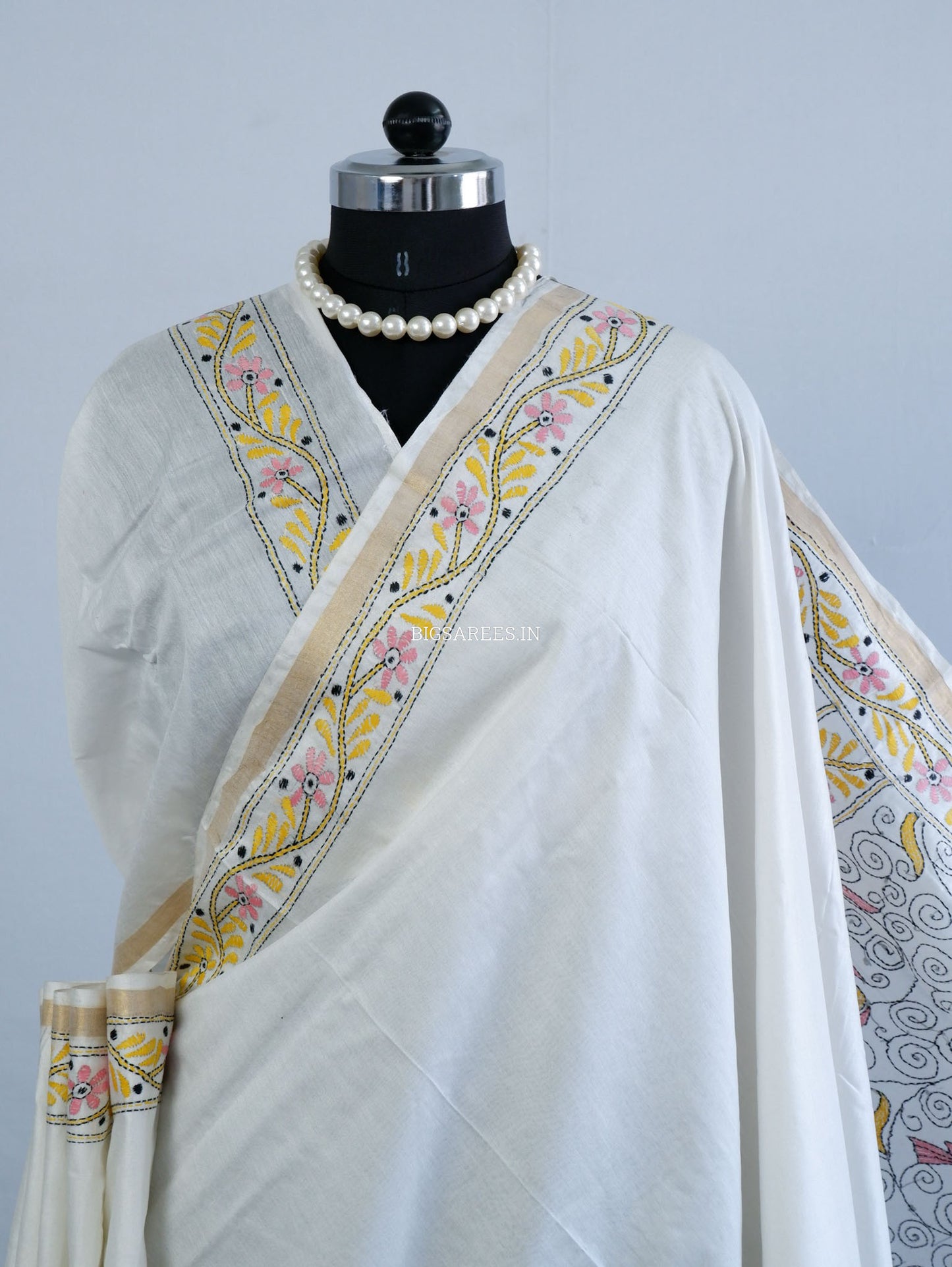 Kantha Stitch Hand-Embroidered Saree | Silk Cotton | White