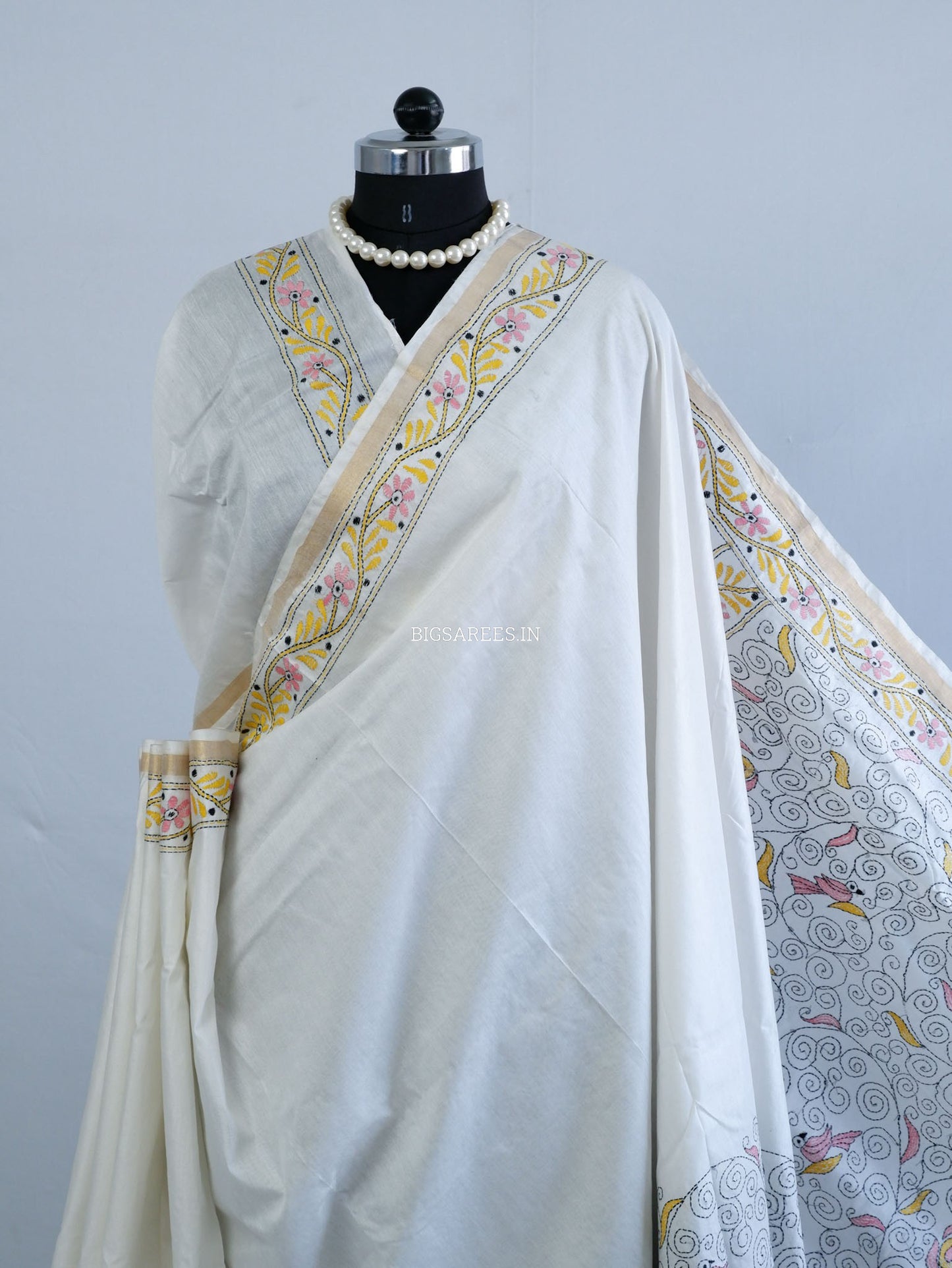 Kantha Stitch Hand-Embroidered Saree | Silk Cotton | White