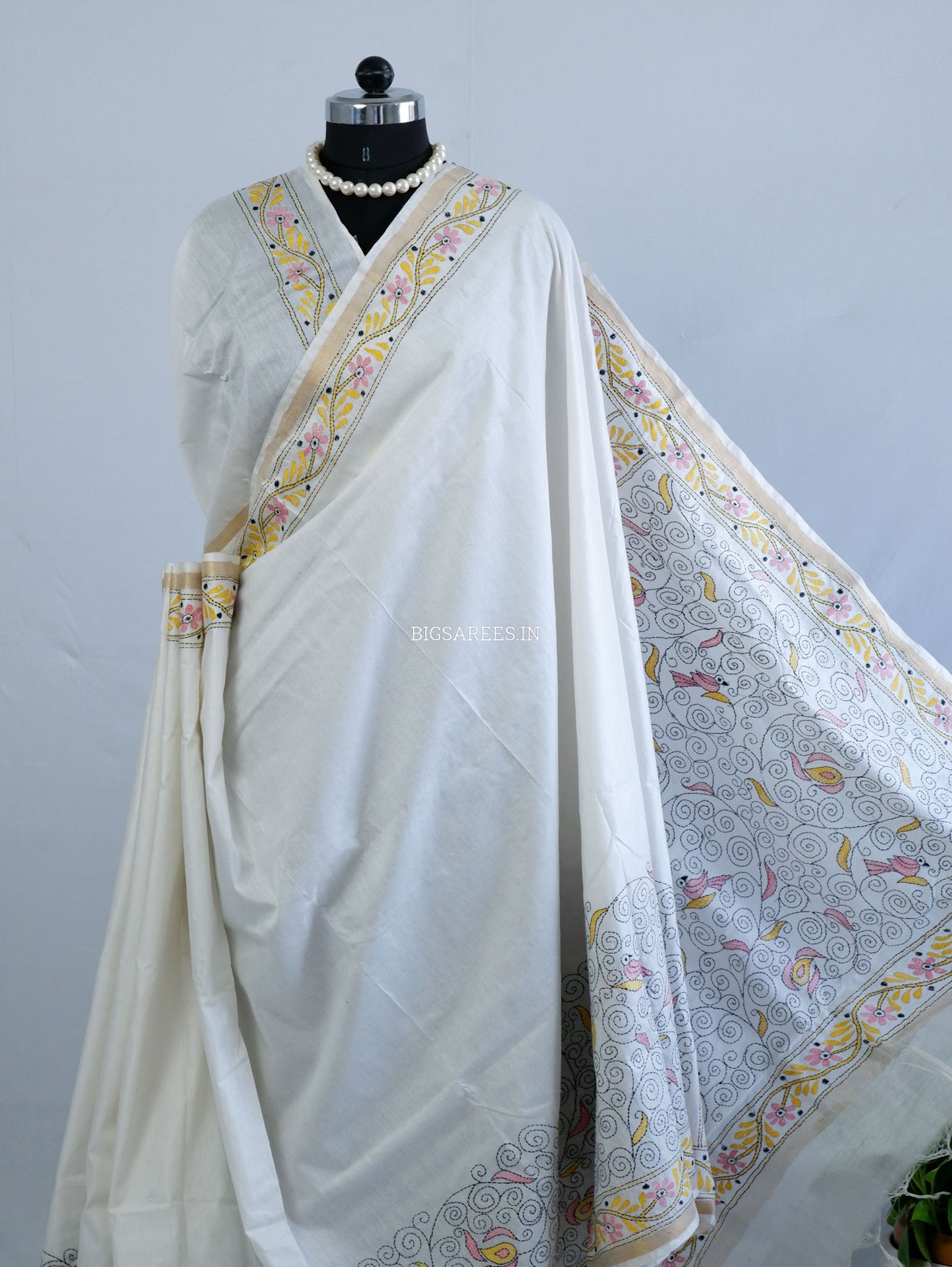 Kantha Stitch Hand-Embroidered Saree | Silk Cotton | White
