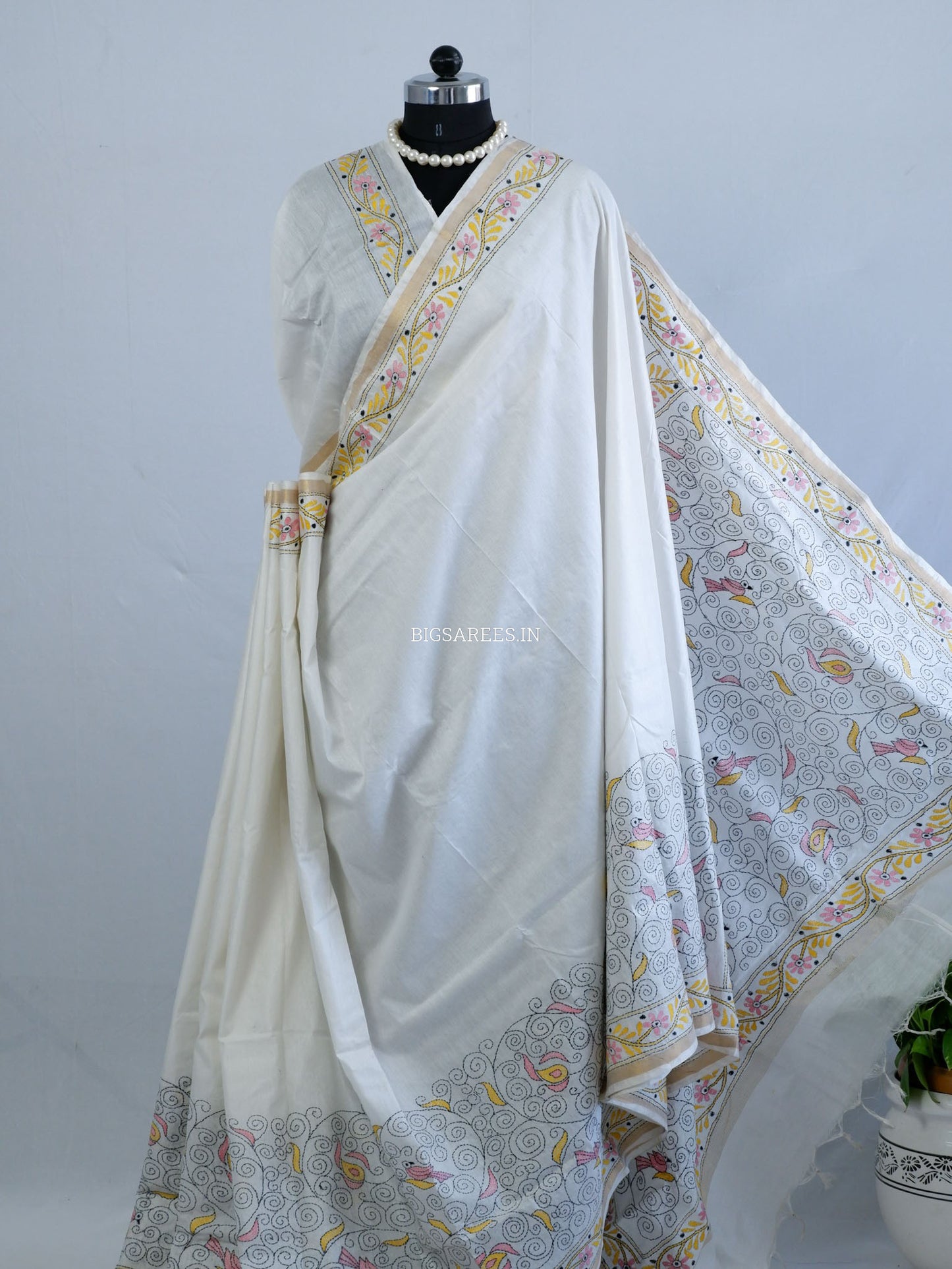 Kantha Stitch Hand-Embroidered Saree | Silk Cotton | White