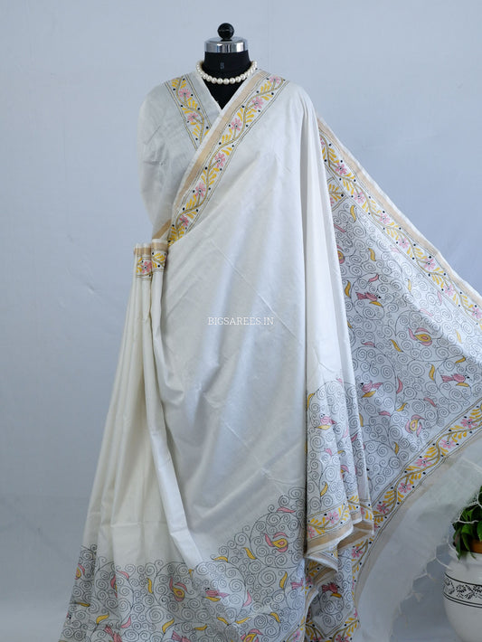 Kantha Stitch Hand-Embroidered Saree | Silk Cotton | White