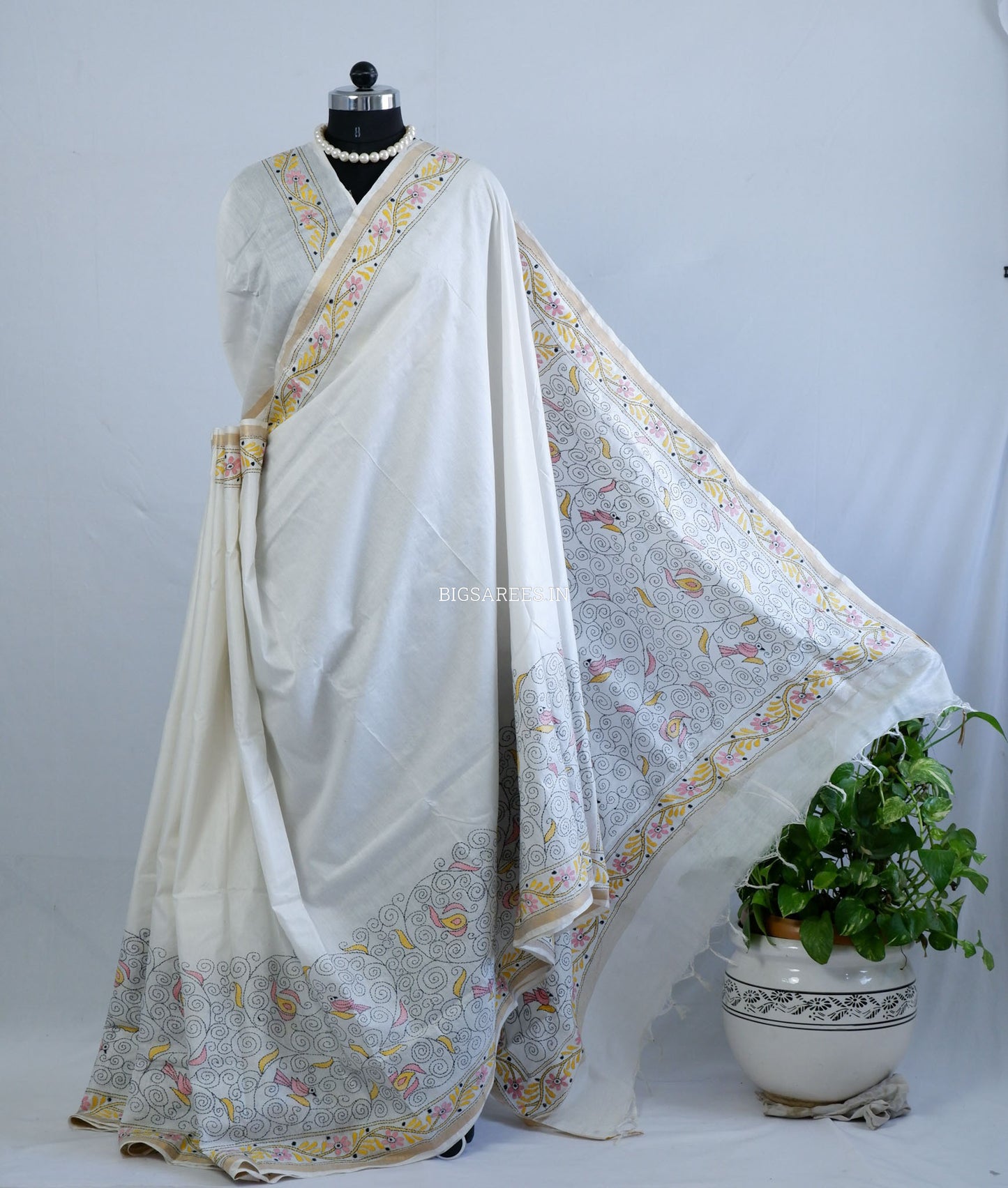 Kantha Stitch Hand-Embroidered Saree | Silk Cotton | White