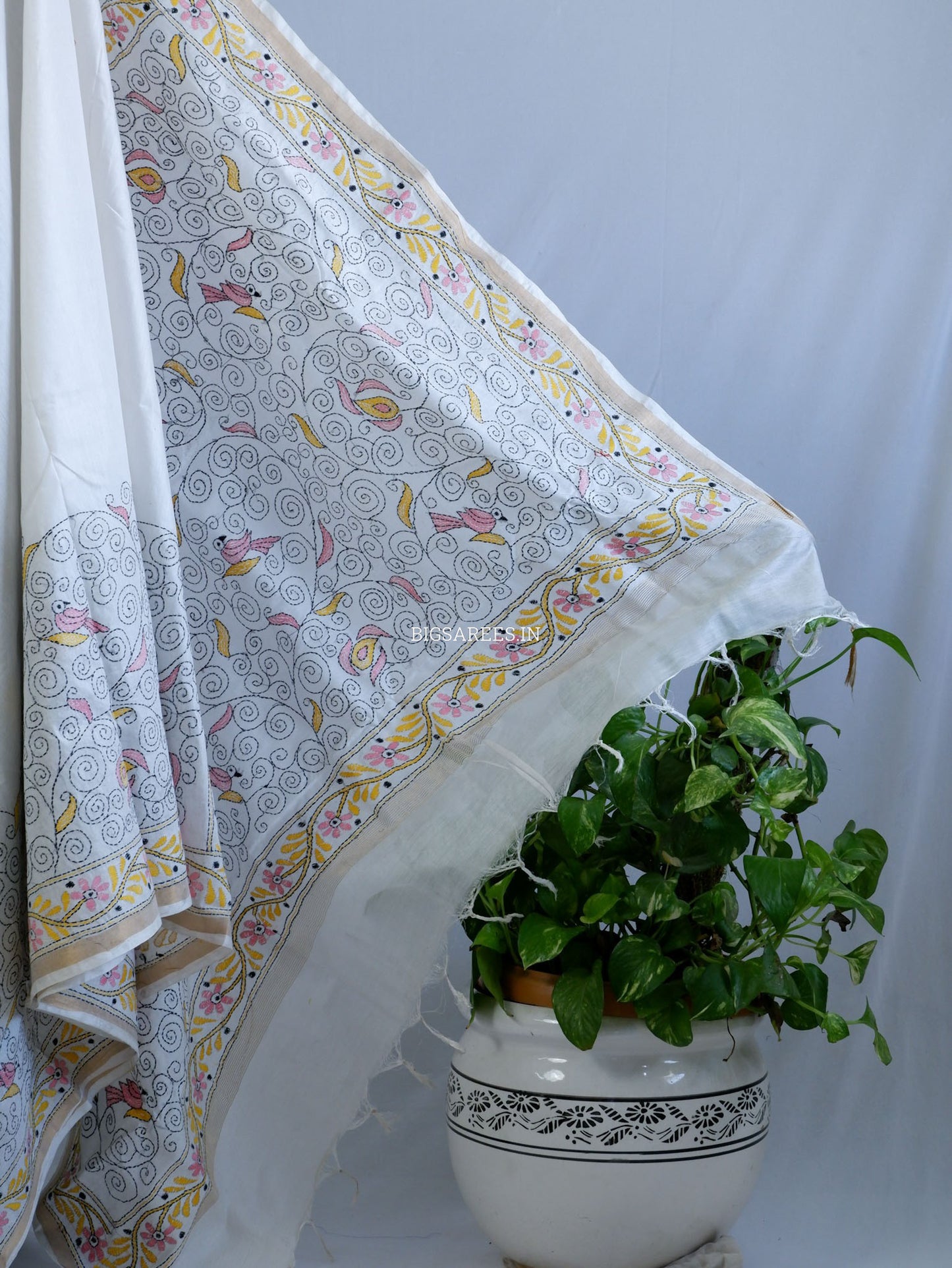Kantha Stitch Hand-Embroidered Saree | Silk Cotton | White