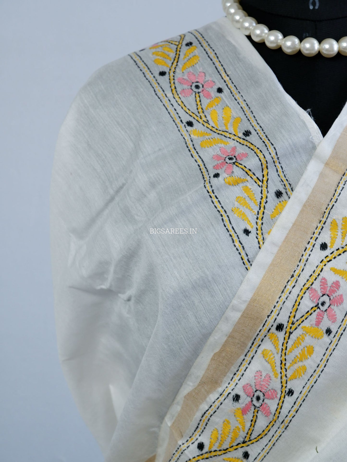 Kantha Stitch Hand-Embroidered Saree | Silk Cotton | White
