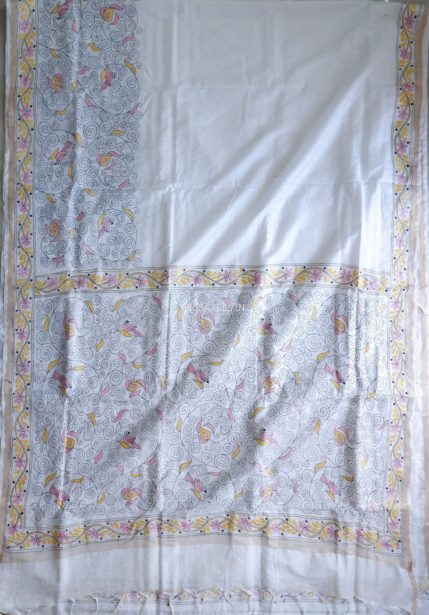 Kantha Stitch Hand-Embroidered Saree | Silk Cotton | White