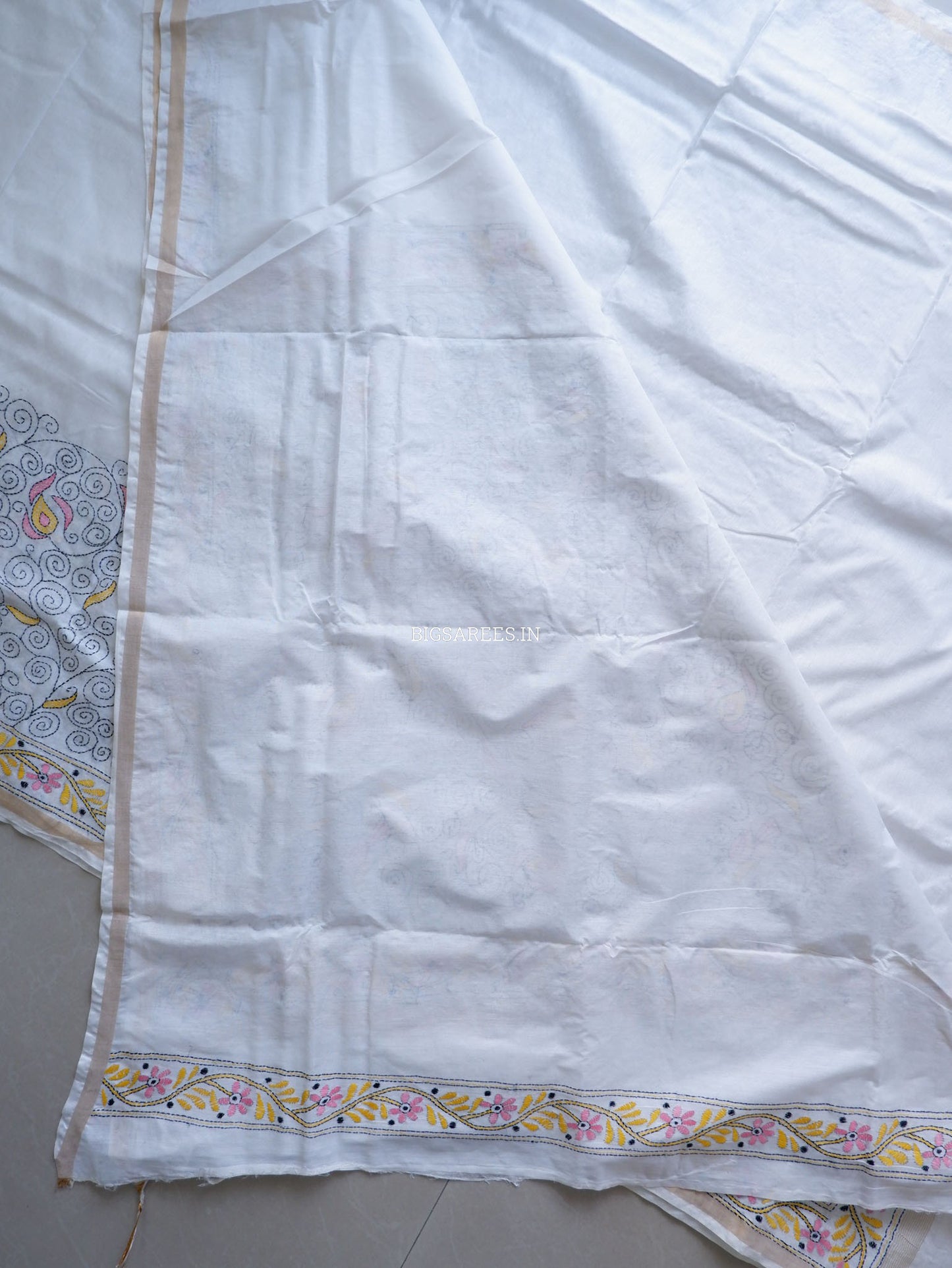 Kantha Stitch Hand-Embroidered Saree | Silk Cotton | White
