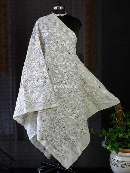 Kantha Stitch Dupatta | Tussar Silk | Cream