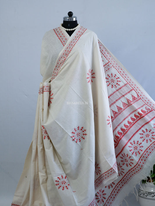 Kantha Stitch Hand-Embroidered Saree | Khadi Cotton | Off-White
