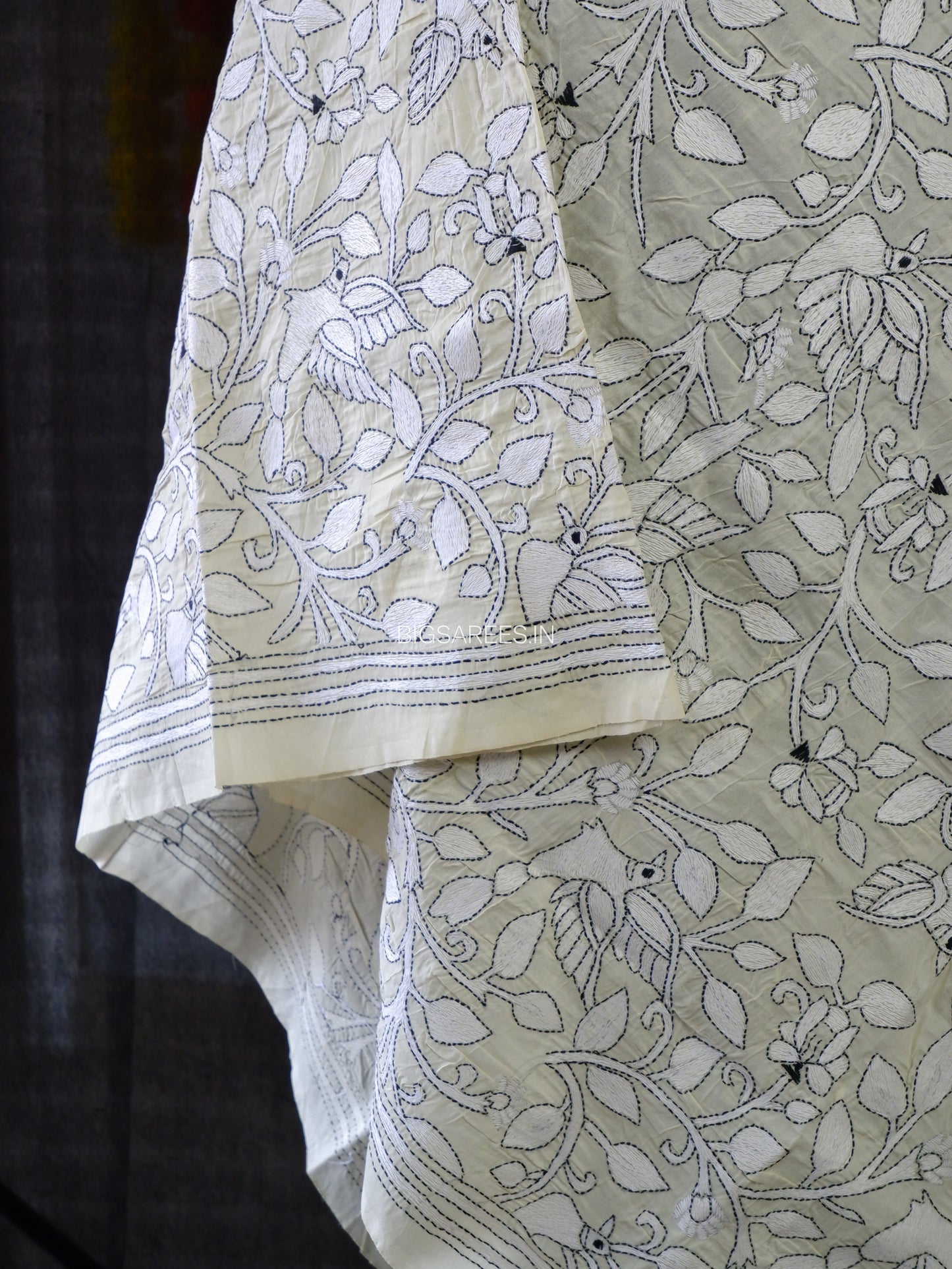 Kantha Stitch Dupatta | Tussar Silk | Cream